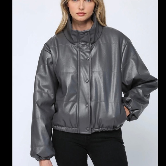 NWT- Faux Leather Puffer Bomber Jacket - Picture 3 of 5
